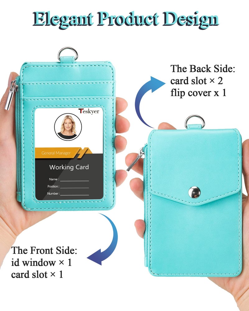 Teskyer Badge Holder with Side Zip Pocket, Multiple Card Slots Leather ID Holder Wallet with Neck Lanyard for Office Staffs, Teachers/Students, Couriers, Workers, Cyan - Image 4